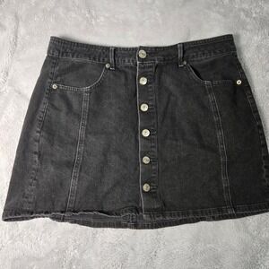American Eagle Black Denim Button Front Mini Skirt Size 12 Regular High Waisted